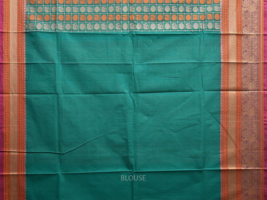 Turquoise Kanchipuram Cotton Saree with Checks Buta and Pallu Design k0791