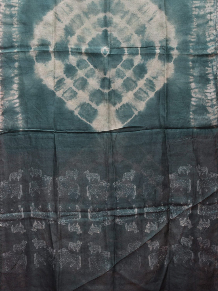 Turquoise Shibori Cotton Silk Saree with Big Circle Body and Cows Pallu Design No Blouse o0512