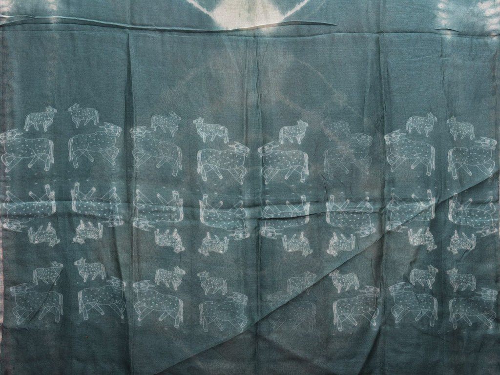 Turquoise Shibori Cotton Silk Saree with Big Circle Body and Cows Pallu Design No Blouse o0512