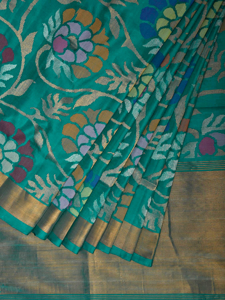 Turquoise Uppada Silk Handloom Saree with All Over Floral Design u2484