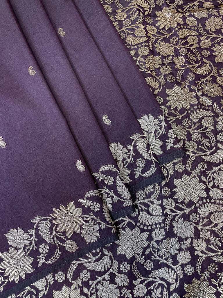 Viloet Lavender Banaras Viscose Katan Saree with Silver Zari Floral Weaving And Grand Pallu  B0545ds