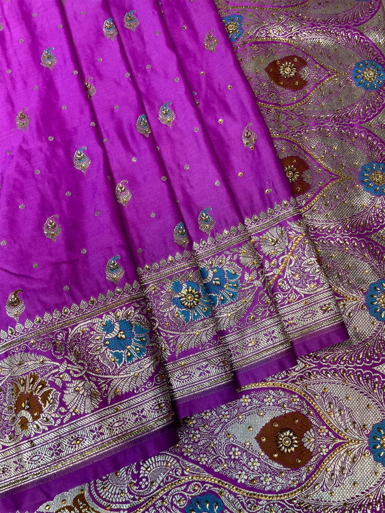 Violet Banaras Katan Silk Saree with Body Butti and Stone Work Design b0367ds
