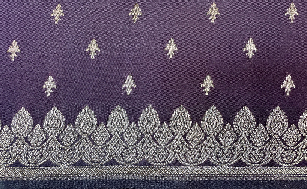 Violet Banaras Katan Viscose Saree with Silver Zari Floral Weaving And Grand Pallu B0540ds