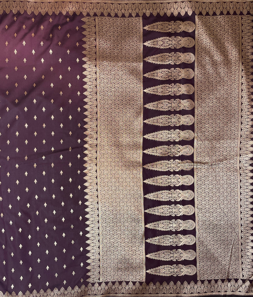 Violet Banaras Katan Viscose Saree with Silver Zari Floral Weaving And Grand Pallu B0540ds