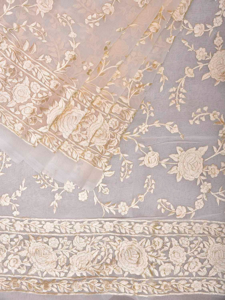 Whie Parsigara Chiffon Saree with All Over Floral and Border Design o0734