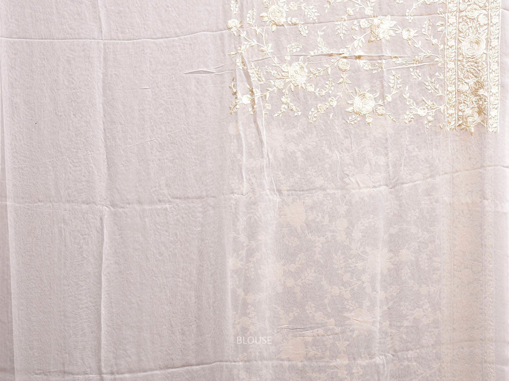 Whie Parsigara Chiffon Saree with All Over Floral and Border Design o0734