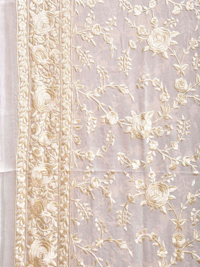 Whie Parsigara Chiffon Saree with All Over Floral and Border Design o0734