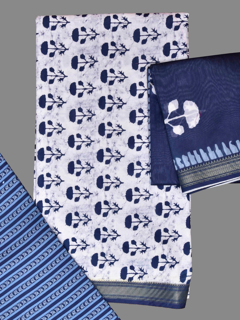 White and Blue Bamboo Cotton Dress Material with Floral Dupatta and Top Strips Bottom Design dm0077