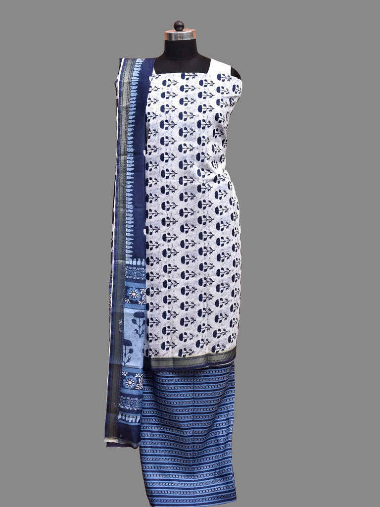 White and Blue Bamboo Cotton Dress Material with Floral Dupatta and Top Strips Bottom Design dm0077