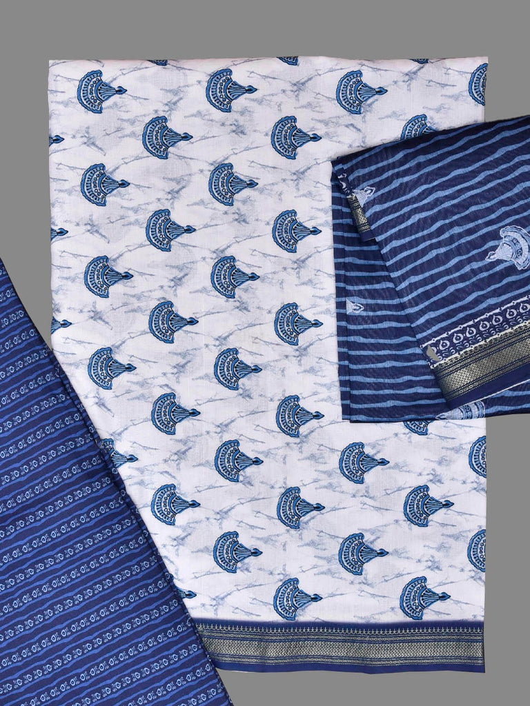 White and Blue Bamboo Cotton Dress Material with Floral Dupatta and Top Strips Bottom Design dm0079