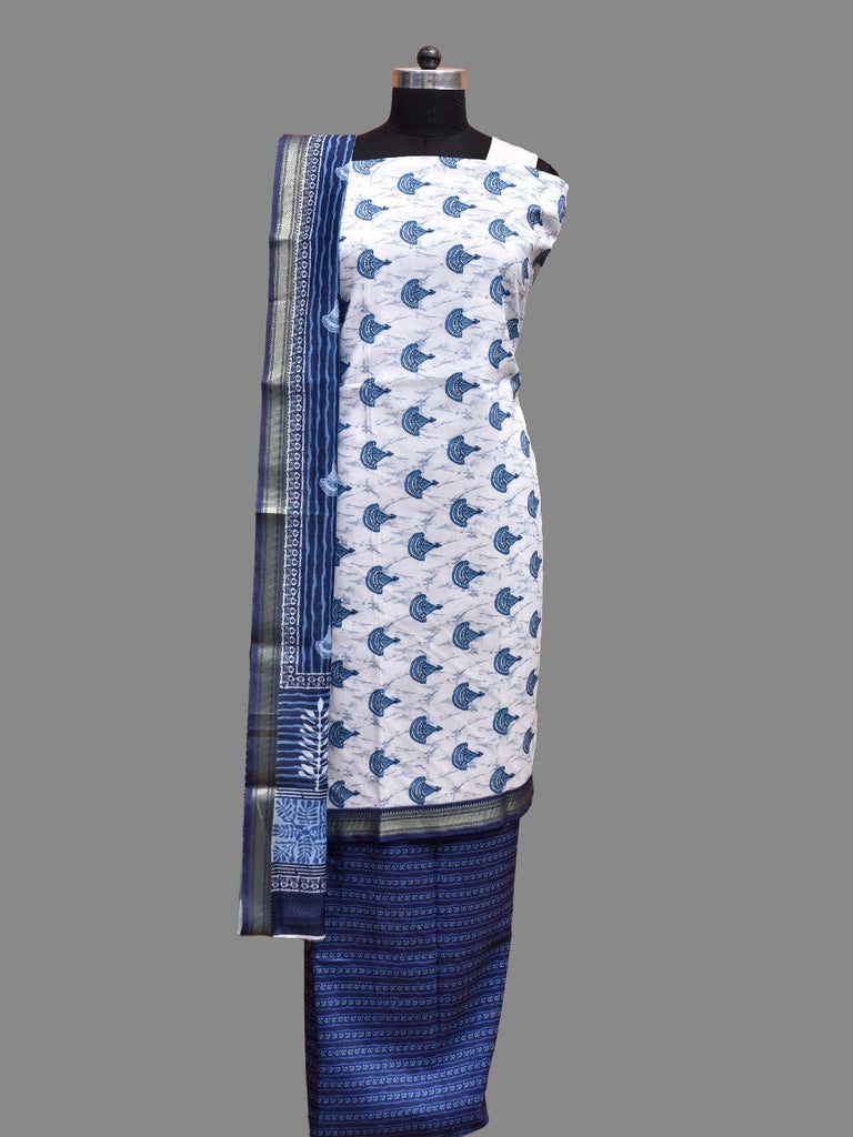 White and Blue Bamboo Cotton Dress Material with Floral Dupatta and Top Strips Bottom Design dm0079