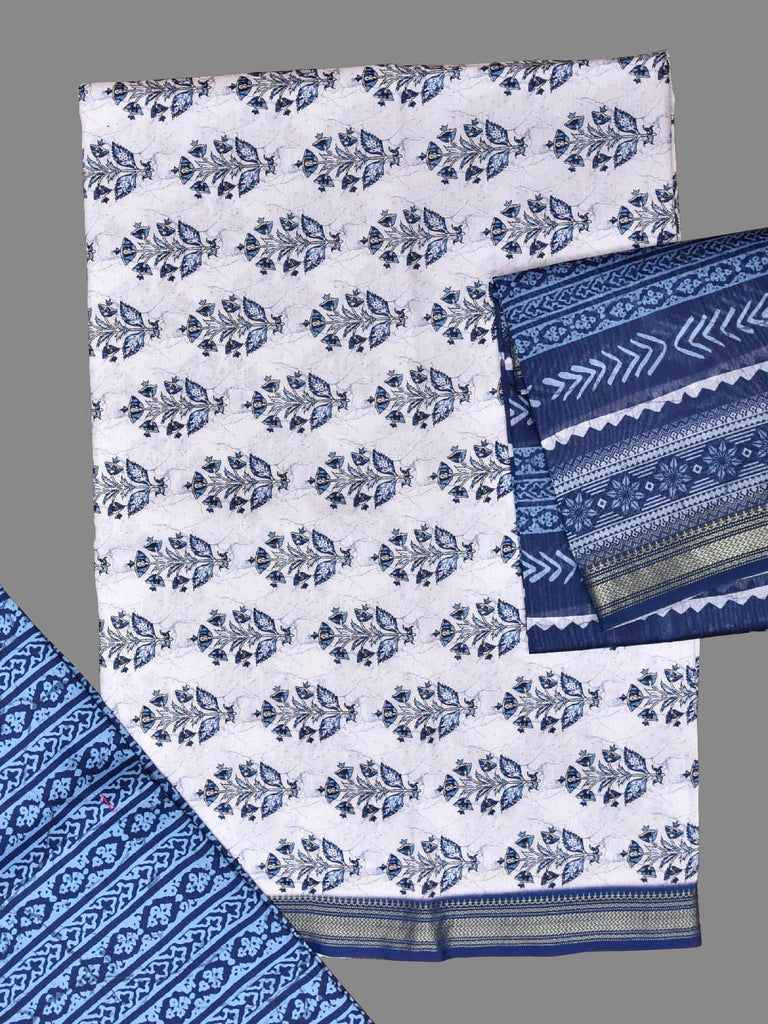White and Blue Bamboo Cotton Dress Material with Floral Dupatta and Top Strips Bottom Design dm0081