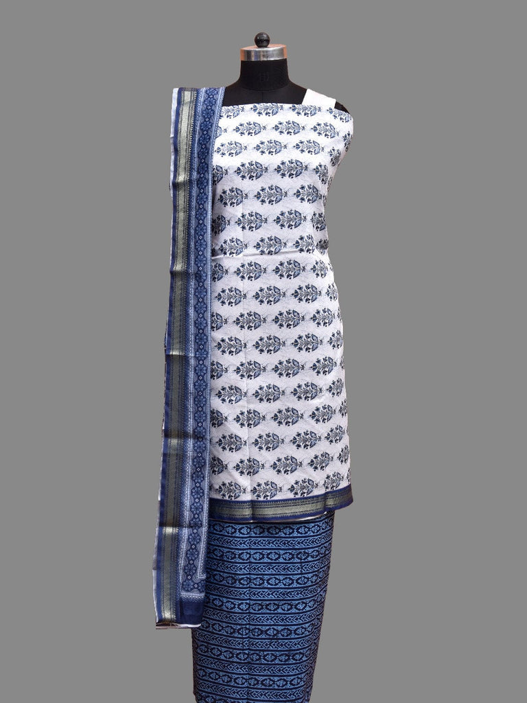 White and Blue Bamboo Cotton Dress Material with Floral Dupatta and Top Strips Bottom Design dm0081