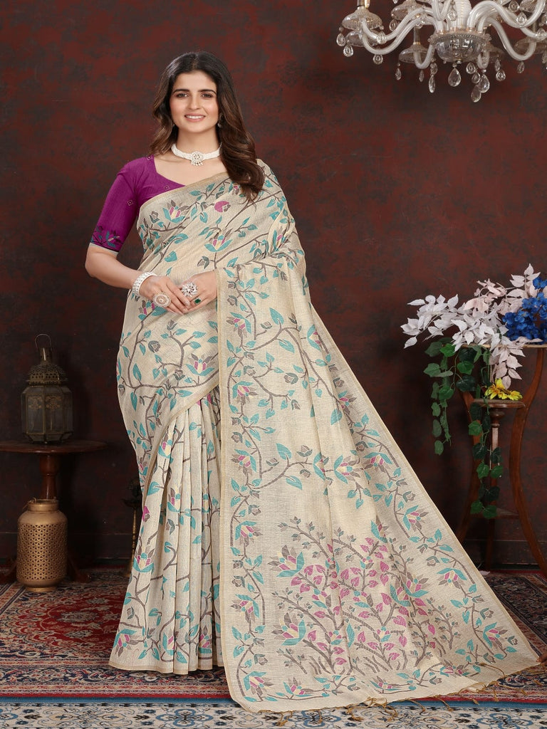 Banarasi Jamdani inspired Ethnic Saree with Floral Intricate border and Heavy Pallu