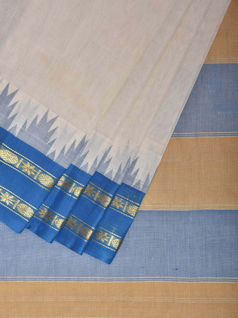White and Blue Khadi Cotton Handloom Plain Saree with Big Temple Border kh0725