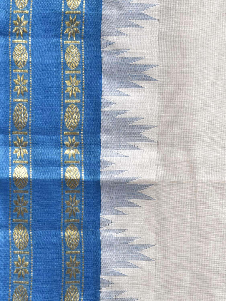 White and Blue Khadi Cotton Handloom Plain Saree with Big Temple Border kh0725