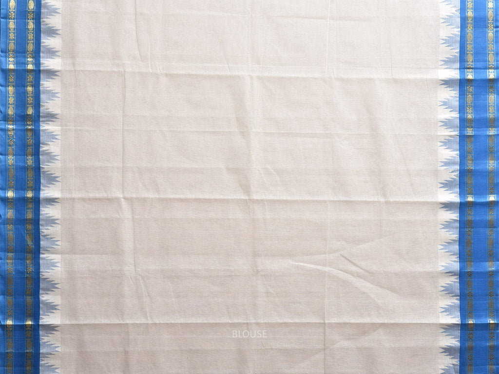 White and Blue Khadi Cotton Handloom Plain Saree with Big Temple Border kh0725