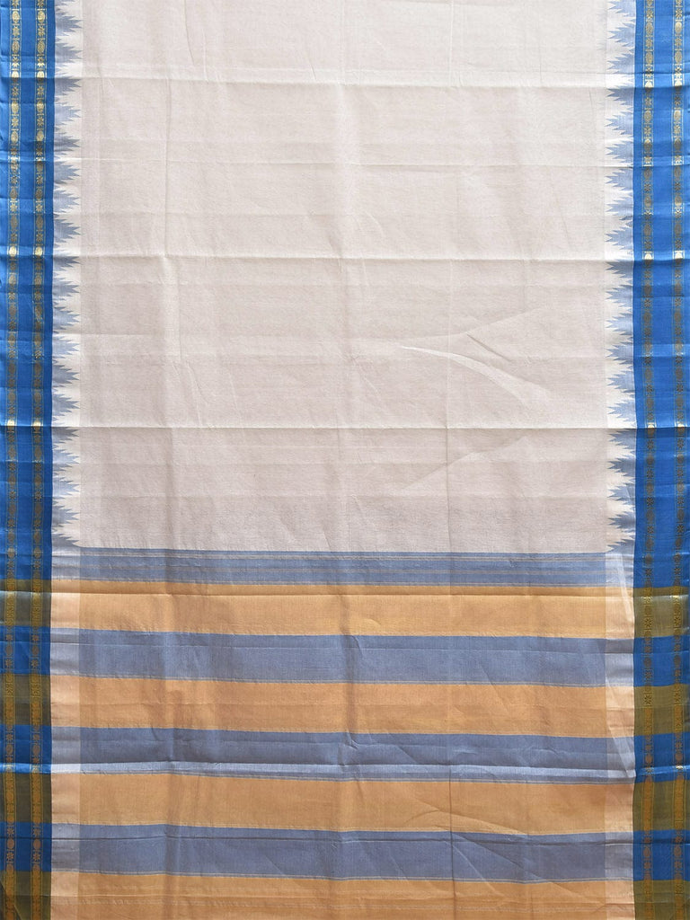 White and Blue Khadi Cotton Handloom Plain Saree with Big Temple Border kh0725