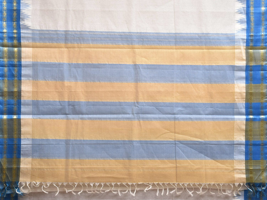 White and Blue Khadi Cotton Handloom Plain Saree with Big Temple Border kh0725