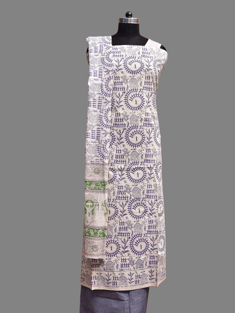 White and Blue Warli Print Cotton Dress Material with Top Dupatta and Plain Bottom Design dm0086