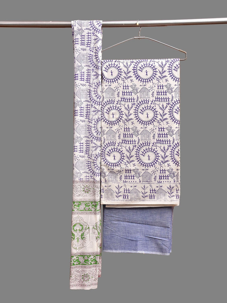 White and Blue Warli Print Cotton Dress Material with Top Dupatta and Plain Bottom Design dm0086