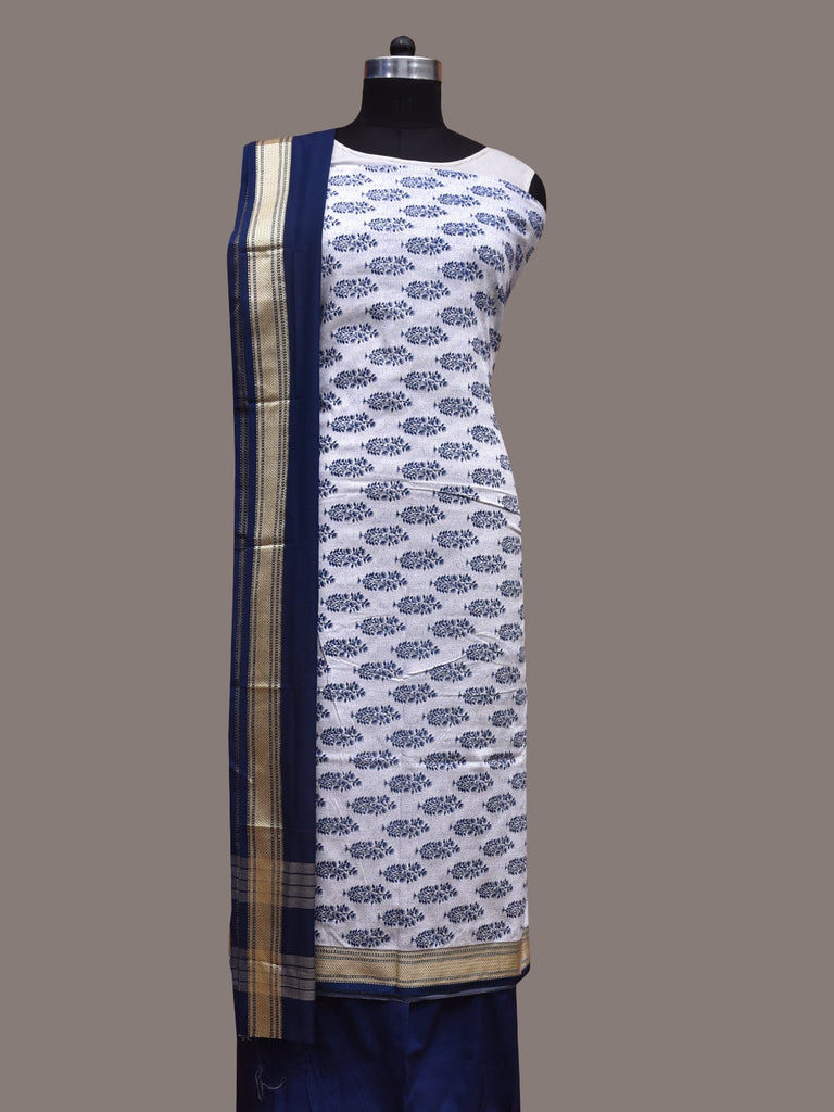 White and Dark Blue Bamboo Cotton Dress Material with Dupatta and Printed Top Plain Bottom Design dm0045