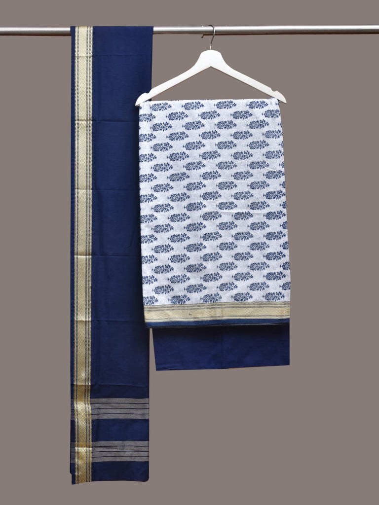 White and Dark Blue Bamboo Cotton Dress Material with Dupatta and Printed Top Plain Bottom Design dm0045
