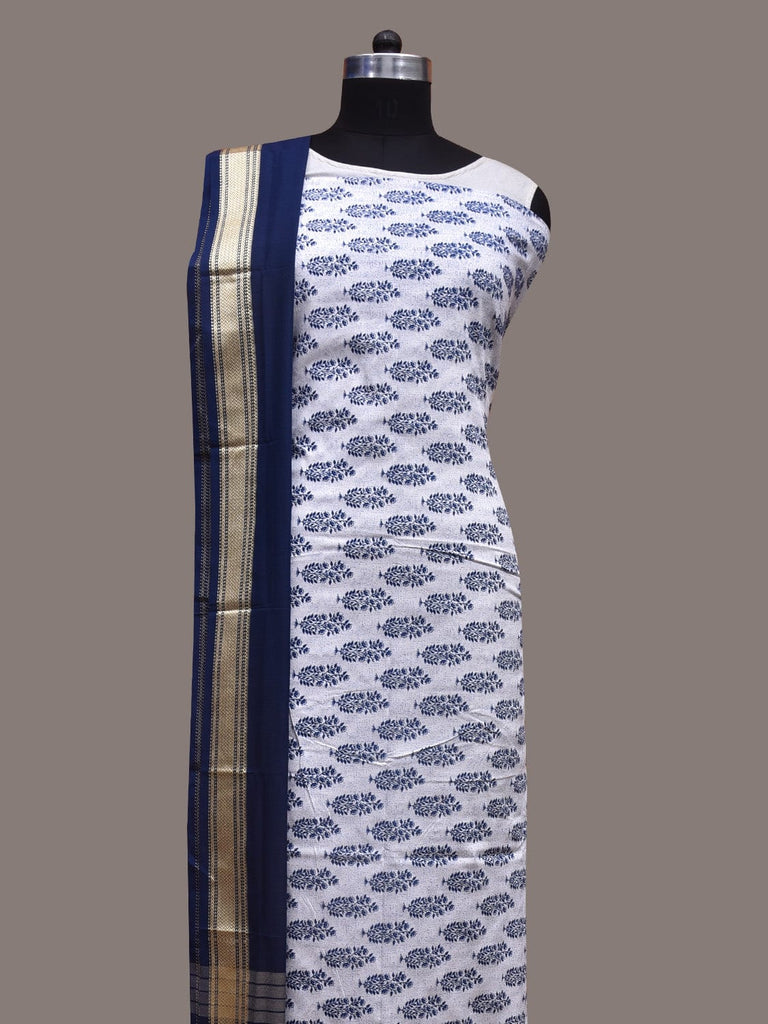 White and Dark Blue Bamboo Cotton Dress Material with Dupatta and Printed Top Plain Bottom Design dm0045