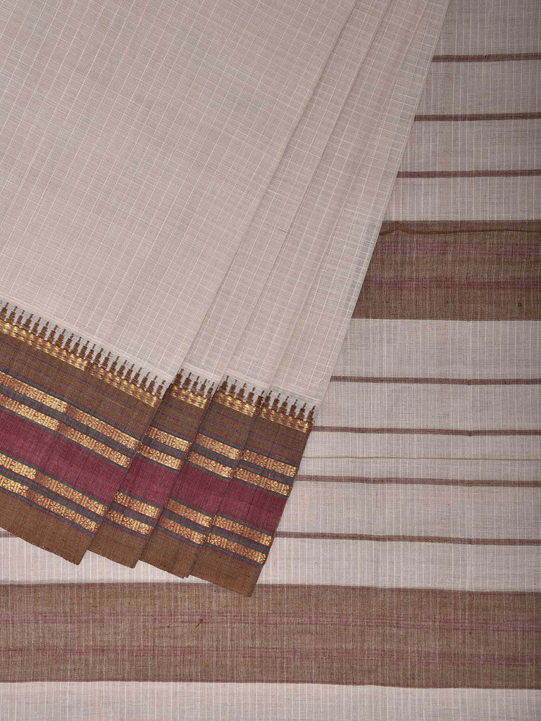 White and Fawn Narayanpet Cotton Handloom Saree with Checks Design No Blouse np1188