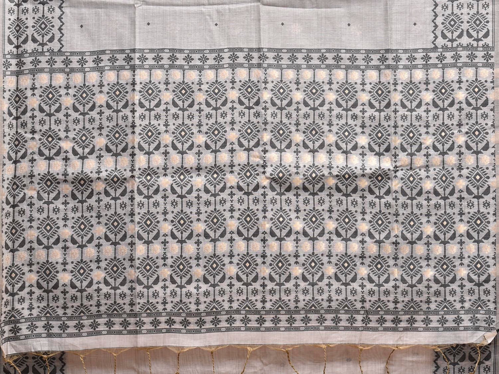 White and Grey Dhakai Jamdani Cotton Viscose Saree with Border and Pallu Design dj0242