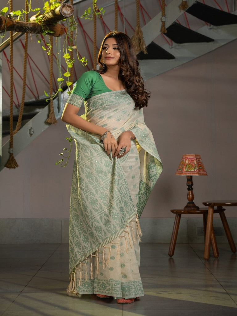 White and Light Green Dhakai Jamdani Cotton Viscose Saree with Buta and Pallu-Border Design dj0113