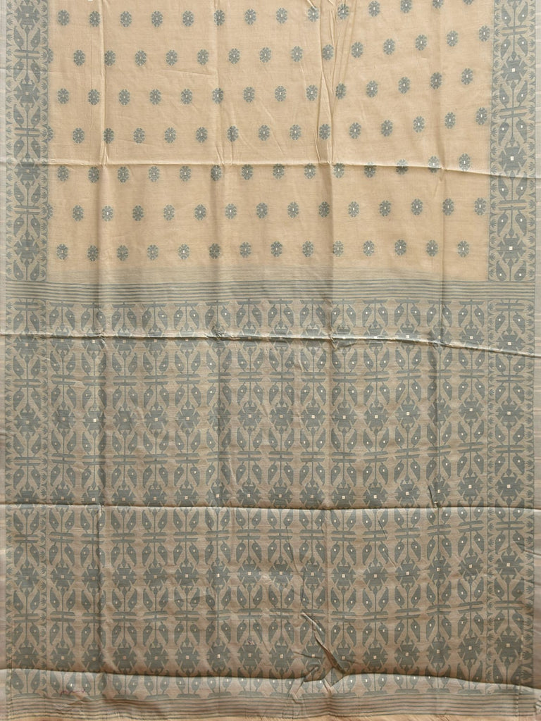 White and Light Green Dhakai Jamdani Cotton Viscose Saree with Buta and Pallu-Border Design dj0113