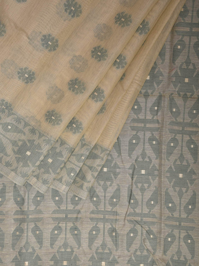 White and Light Green Dhakai Jamdani Cotton Viscose Saree with Buta and Pallu-Border Design dj0113