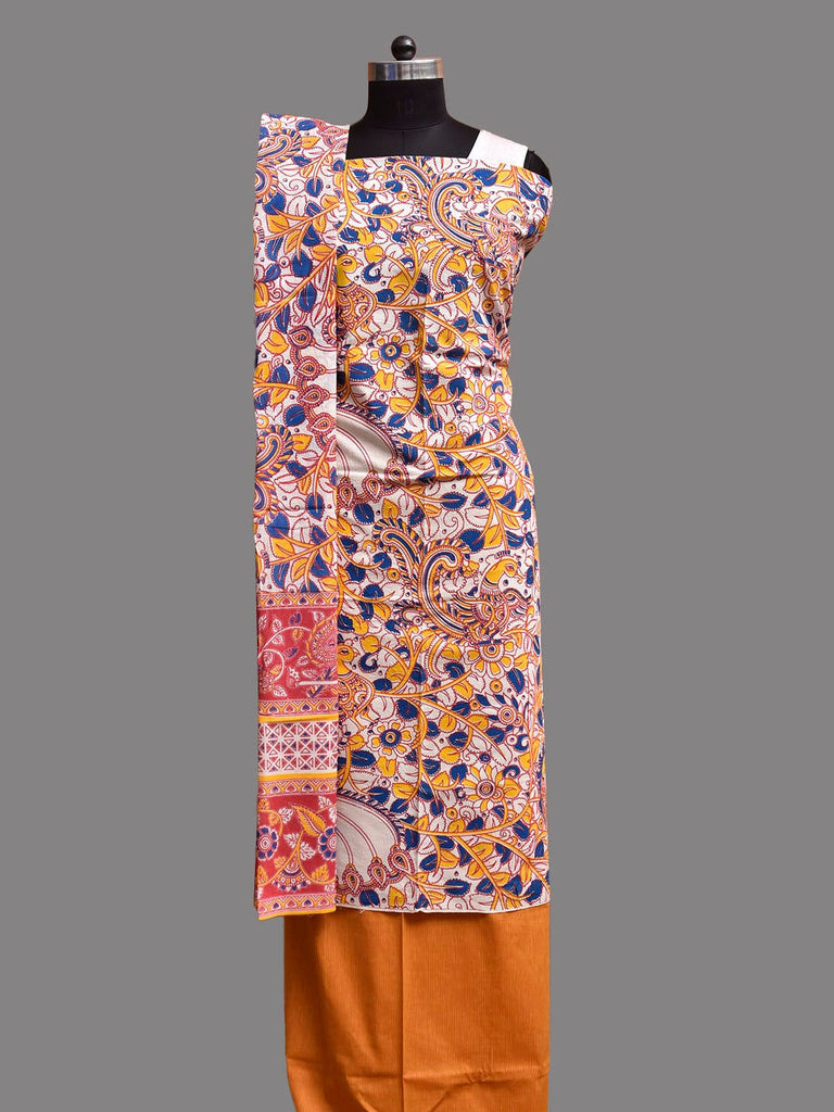 White and Orange Printed Cotton Dress Material with Top Bottom and Dupatta dm0101