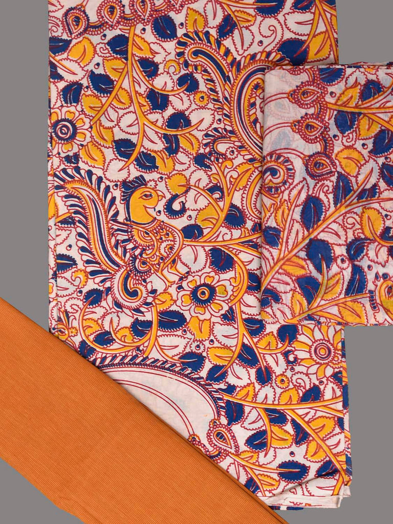 White and Orange Printed Cotton Dress Material with Top Bottom and Dupatta dm0101