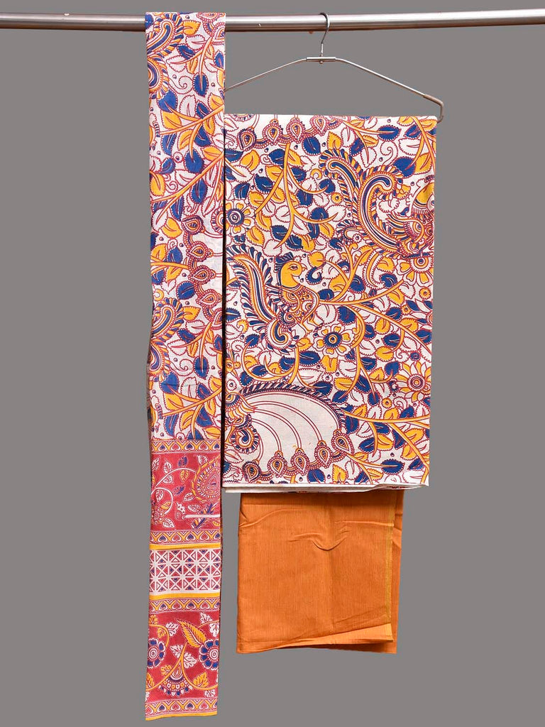 White and Orange Printed Cotton Dress Material with Top Bottom and Dupatta dm0101