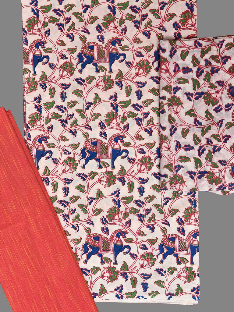 White and Peach Printed Cotton Dress Material with Top Bottom and Dupatta dm0099