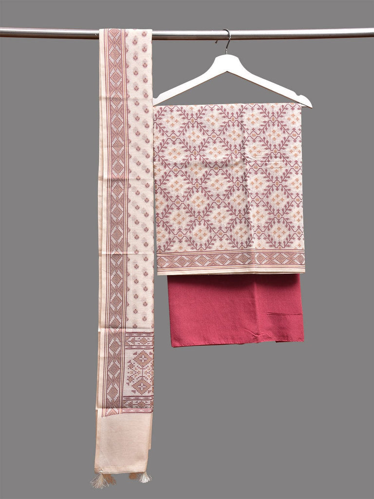 White and Pink Banaras Cotton Viscose Dress Material with Dupatta, Top and Plain Bottom Design dm0070