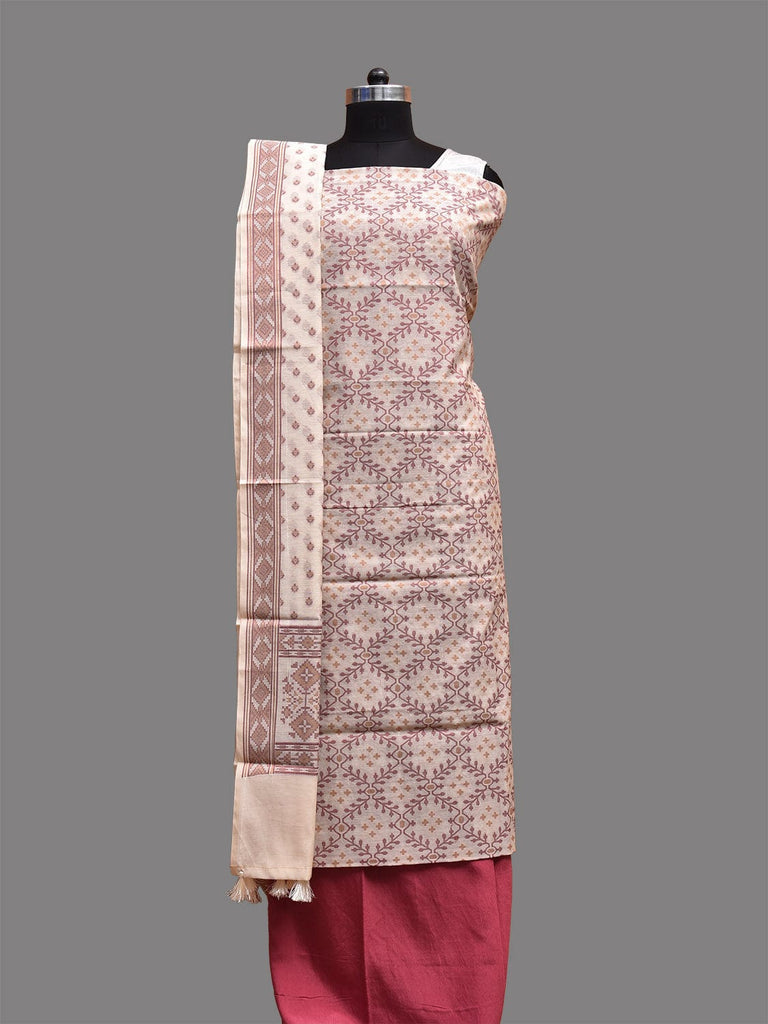White and Pink Banaras Cotton Viscose Dress Material with Dupatta, Top and Plain Bottom Design dm0070