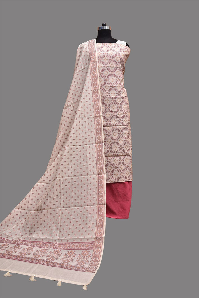 White and Pink Banaras Cotton Viscose Dress Material with Dupatta, Top and Plain Bottom Design dm0070
