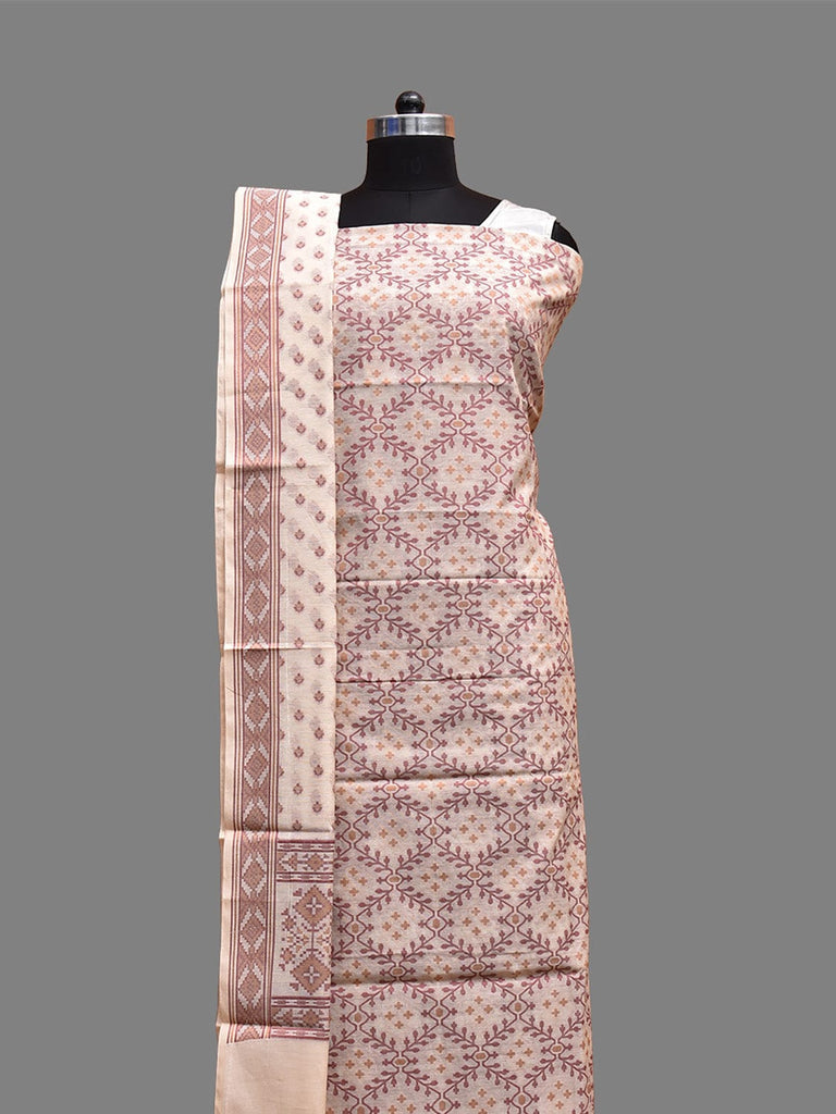 White and Pink Banaras Cotton Viscose Dress Material with Dupatta, Top and Plain Bottom Design dm0070