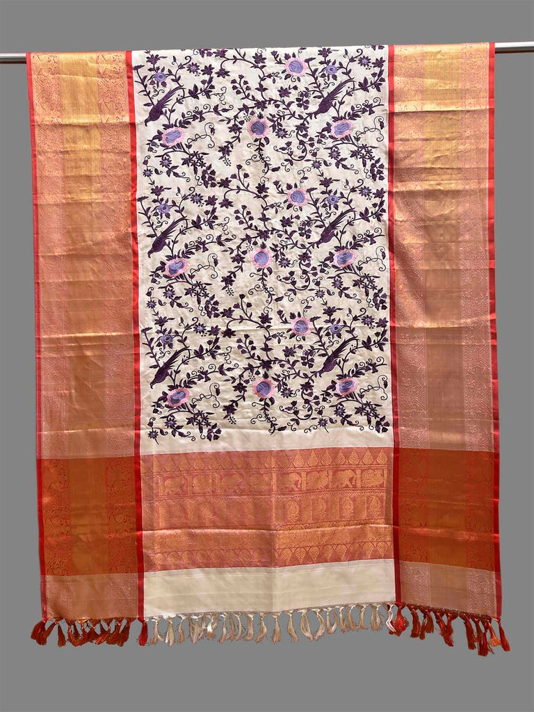 White and Red Parsigara Kanchipuram Silk Dupatta with Floral and Birds Design ds3851