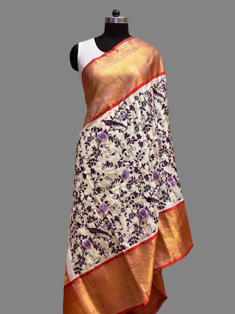 White and Red Parsigara Kanchipuram Silk Dupatta with Floral and Birds Design ds3851