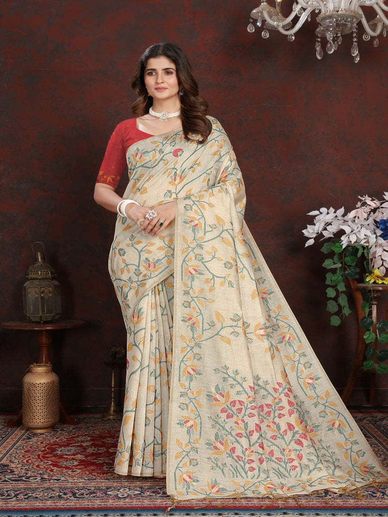 White and Yellow Dhakai Jamdani Cotton Viscose Saree with Floral Border and Pallu Design dj0127