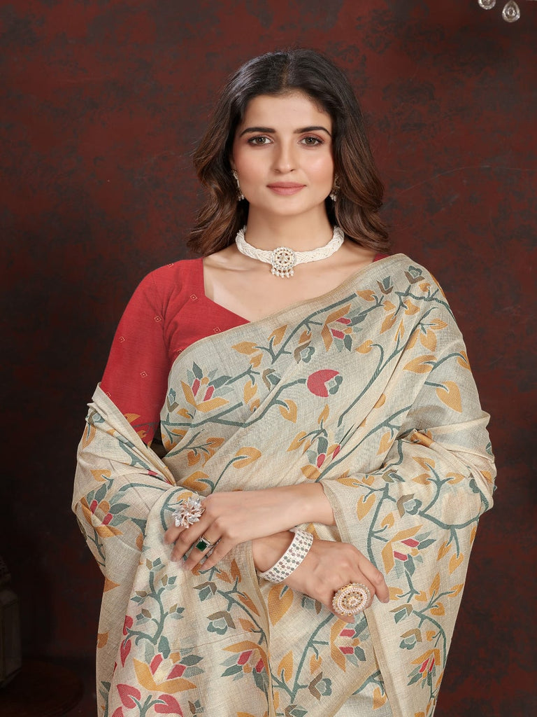 White and Yellow Dhakai Jamdani Cotton Viscose Saree with Floral Border and Pallu Design dj0127