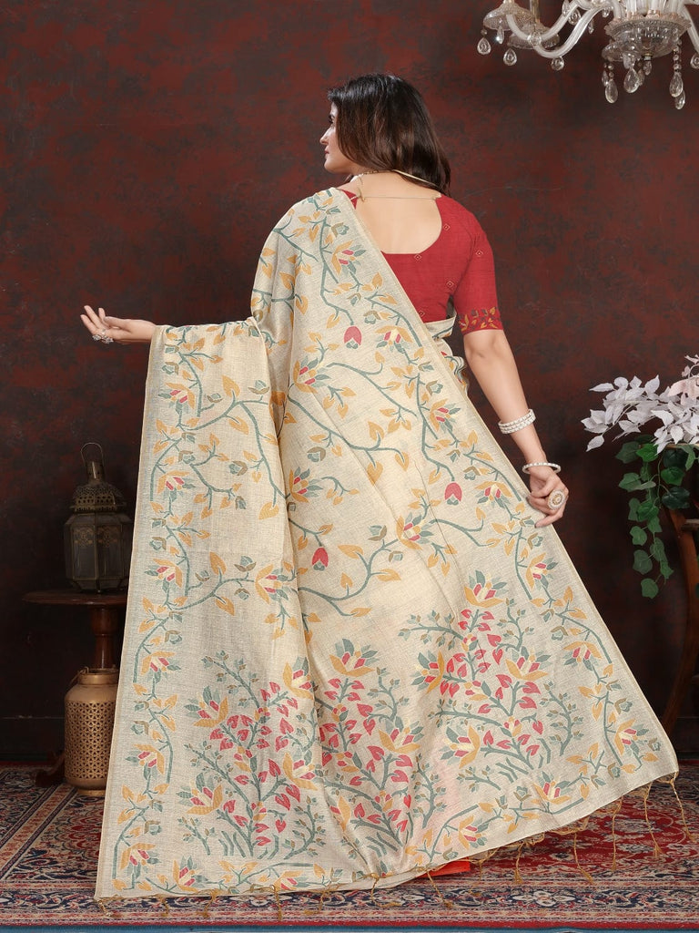 White and Yellow Dhakai Jamdani Cotton Viscose Saree with Floral Border and Pallu Design dj0127