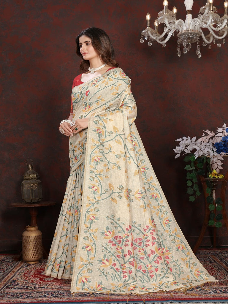White and Yellow Dhakai Jamdani Cotton Viscose Saree with Floral Border and Pallu Design dj0127