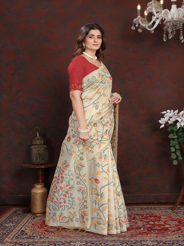 White and Yellow Dhakai Jamdani Cotton Viscose Saree with Floral Border and Pallu Design dj0127