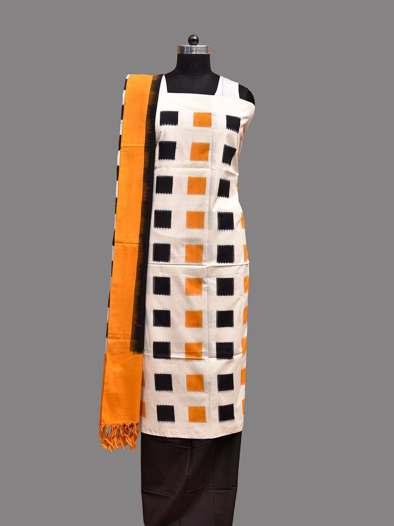 White and Yellow Pochampally Ikat Cotton Handloom Dress Material with Top Bottom and Dupatta 2.5mt Length dm0091