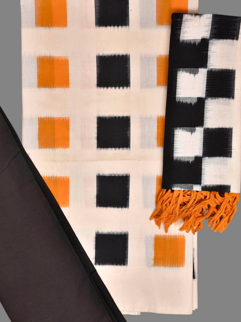 White and Yellow Pochampally Ikat Cotton Handloom Dress Material with Top Bottom and Dupatta 2.5mt Length dm0091